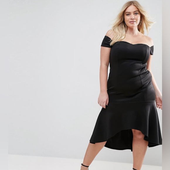 Club L Plus Bardot Off Shoulder Peplum Hem Dress, black, size 22 UK and 18 US - Picture 1 of 5